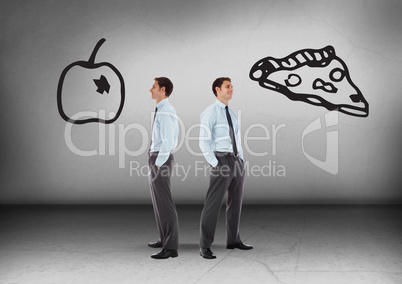 Junk food or healthy food with Businessman looking in opposite directions
