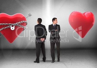 Heart in chains or heart with Businessman looking in opposite directions