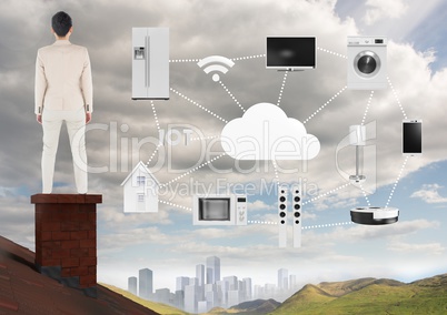 Businesswoman on roof with home object and machines icons over city