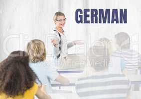 German text and teacher with class