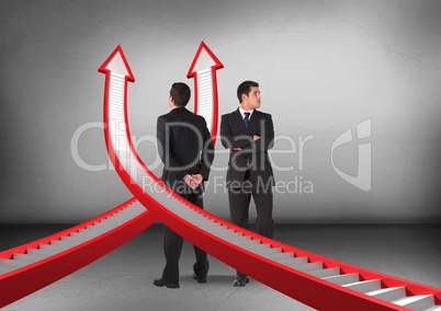 Up arrows step directions with Businessman looking in opposite directions