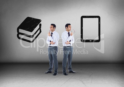 Books or tablet with Businessman looking in opposite directions