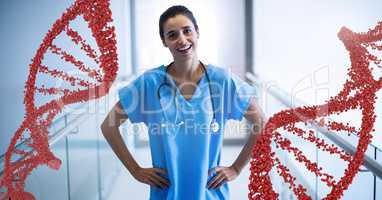 Doctor woman standing with 3D DNA strands