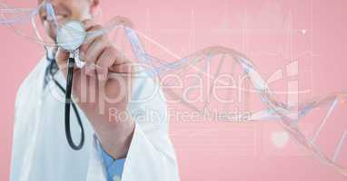 Doctor man with a ball with 3D DNA strand against pink background