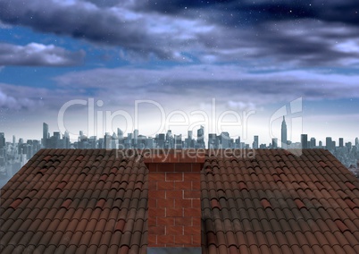 Roof with chimney and evening city