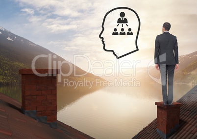 Head icon and people contacts icon and Businessman standing on Roofs with chimney and lake mountain