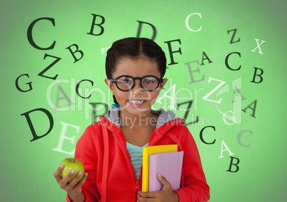 Many letters around Girl with apple and books in front of green background