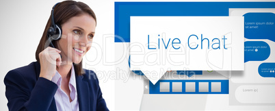 Composite image of confident woman wearing headset using laptop at desk