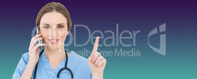 Composite image of pretty woman doctor phoning and pointing with her finger