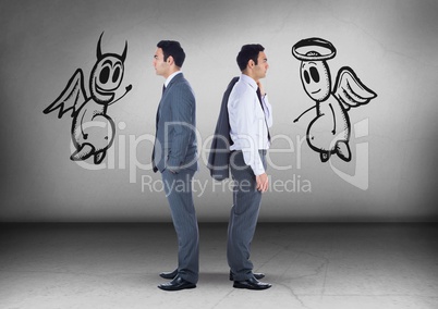 Good and evil graphics with Businessman looking in opposite directions