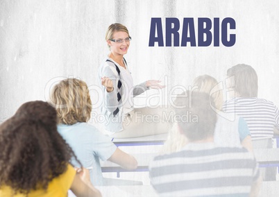 Arabic text and teacher with class