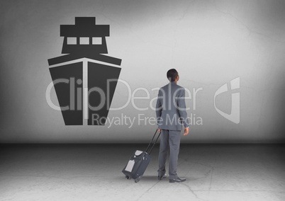 Businessman with travel bag looking up with ship icon