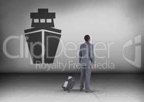 Businessman with travel bag looking up with ship icon