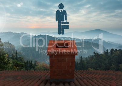 Person icon with briefcase and Roof with chimney and misty landscape