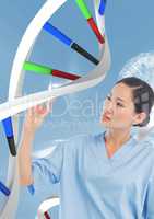 Doctor woman interacting with 3D DNA strand