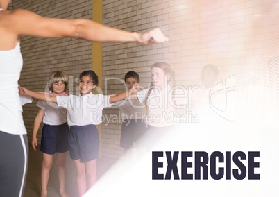 Exercise text and Physical education teacher with class