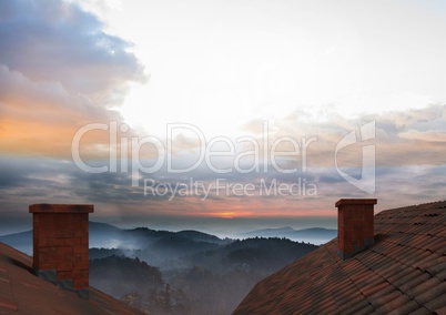 Roof with chimney and landscape sky