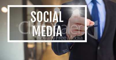 Hand interacting with social media business text against blurred background