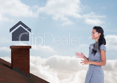 Home icon over roof chimney and Businesswoman standing on Roof with chimney and blue sky