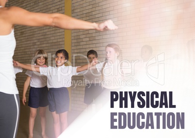 Physical education text and teacher with class