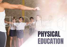 Physical education text and teacher with class