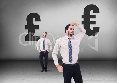 Pound or Euro with Businessman looking in opposite directions