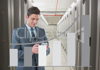 Business man holding a phone and graphics in server room