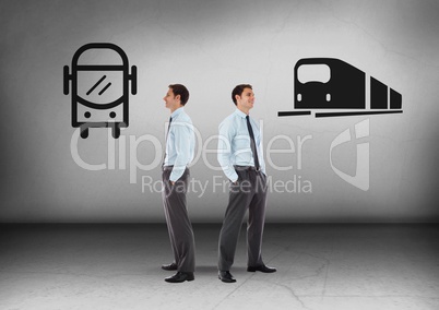 Bus or train with Businessman looking in opposite directions