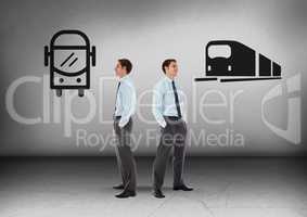 Bus or train with Businessman looking in opposite directions