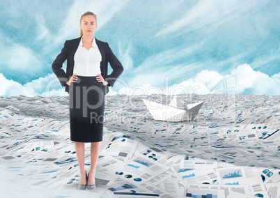 Businesswoman in sea of documents under sky clouds with paper boat