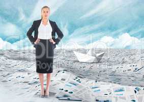 Businesswoman in sea of documents under sky clouds with paper boat