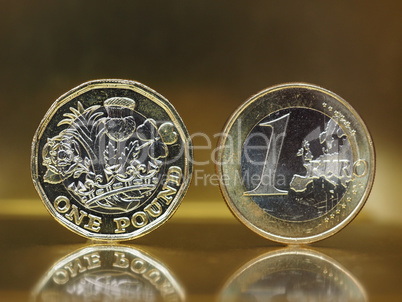 1 pound and 1 euro coin over metal background