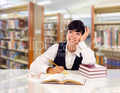 Young Female Mixed Race Student With Books and Paper Daydreaming