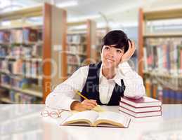 Young Female Mixed Race Student With Books and Paper Daydreaming