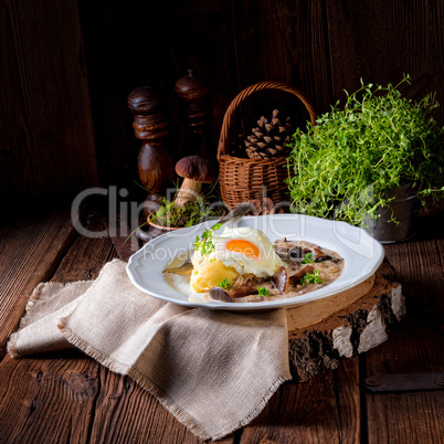 Forest mushroom sauce with fresh mushrooms, potato and poached e