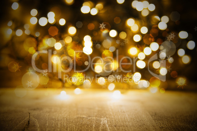 Golden Christmas Lights Background, Party Or Celebration Texture With Wood
