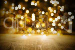 Golden Christmas Lights Background, Party Or Celebration Texture With Wood