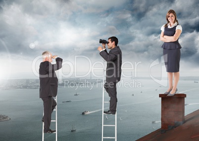 Businessmen on ladders below Businesswoman standing on Roof with chimney and cloudy city port