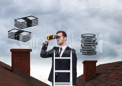Businessman on property ladder with Roofs and money icons