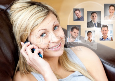 Woman holding phone with Profile portraits of people contacts