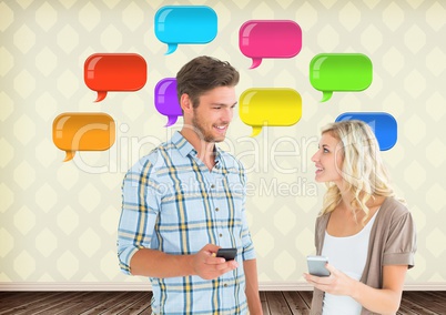 Man and Woman on phone with shiny chat bubbles