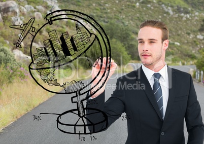 Business man drawing a globe on the road