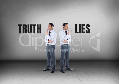 Truth or lies text with Businessman looking in opposite directions