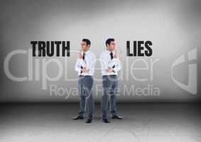 Truth or lies text with Businessman looking in opposite directions