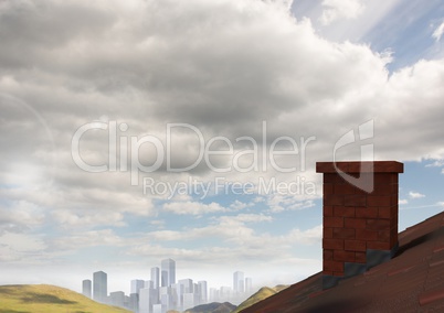 Roof with chimney in country and city in distance