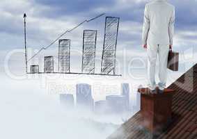 Businessman on roof with incremented bar chart over city