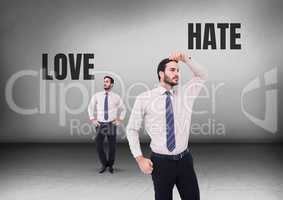 Love or Hate text and Businessman looking in opposite directions