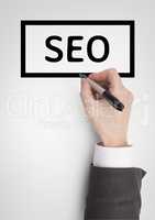 Hand interacting with SEO business text against white background
