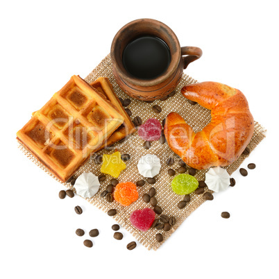 cup of coffee, croissant, waffles and marmalade isolated on whit