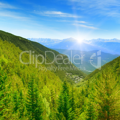 Dawn in the picturesque mountains covered with forests